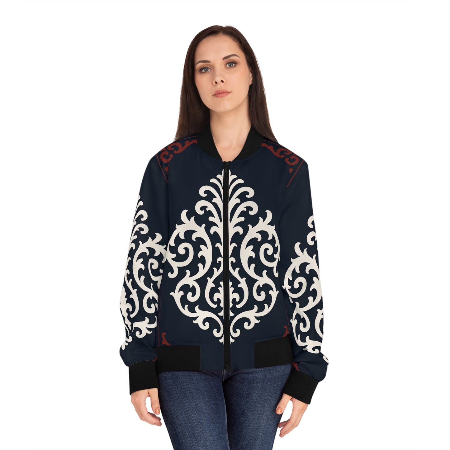 Dusk Blue & Maroon-White Baroque Women's Bomber Jacket – Dusk Blue Baroque All-Over Print