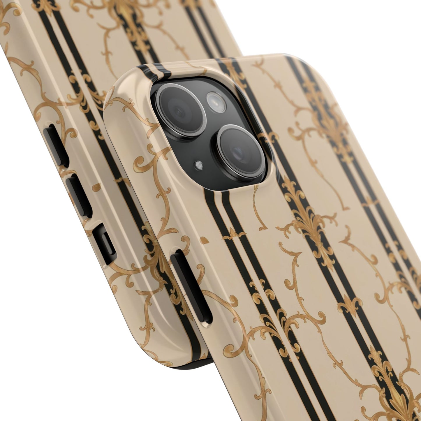 Elegantly Tough Phone Cases | Stylish Phone Covers, Durable Cases, Fashionable Accessories - Black & Beige Striped Damask