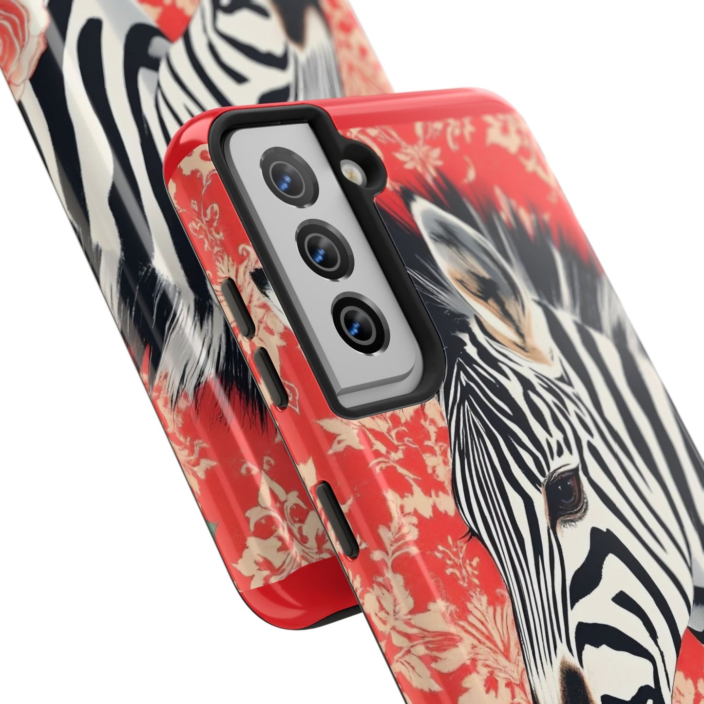 Zebra Tough Phone Case - Trendy Floral Design for Animal Lovers - Zebra With Coral Roses & Damask