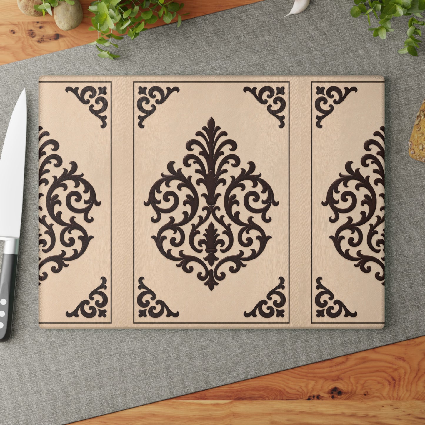 Almond-Beige & Brown Baroque Glass Cutting Board — Elegant Kitchen Trivet & Prep Surface