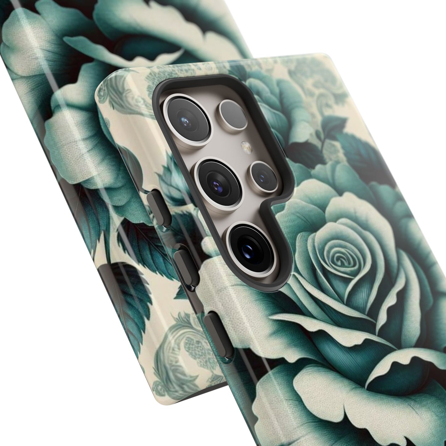 Elegant Floral Motif Phone Case - Tough Cases with Vintage Design - Teal Roses & Damask