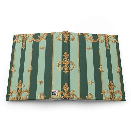 Elegant Decorative Hardcover Journal, Luxe Notebook, Vintage Green Striped Diary, Gold Accent Journal - Mint Green & Teal Striped Gold Baroque