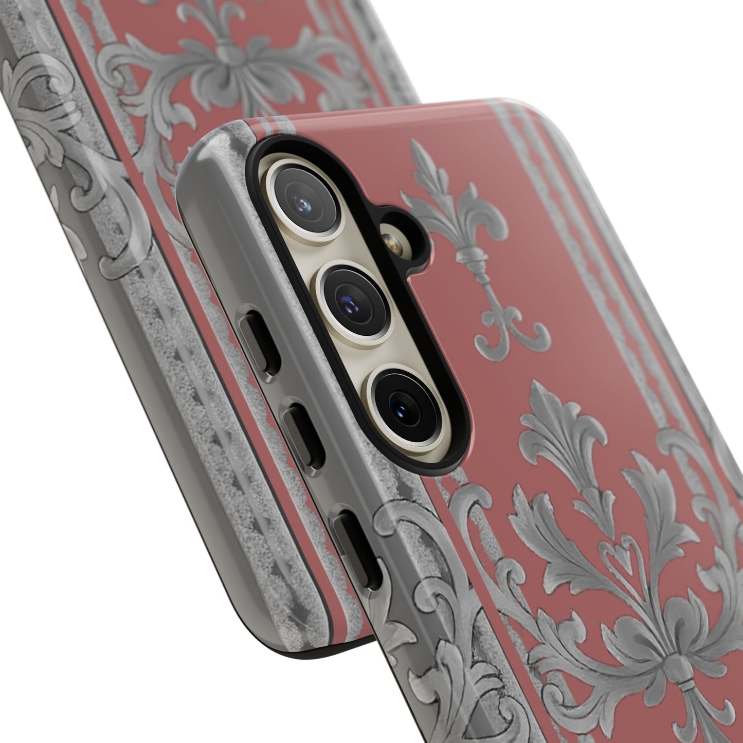 Elegant Floral Phone Case - Tough Cases for Stylish Protection - Gray & Mauve Striped Baroque