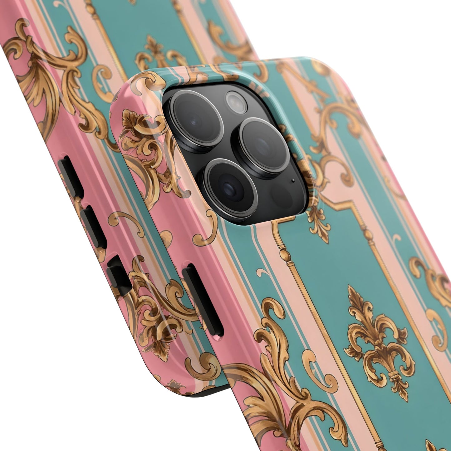 Elegant Floral Tough Phone Case, Artistic Phone Cover, Gift for Her, Chic Phone Accessory - Pink & Matte Turquoise Striped Rococo