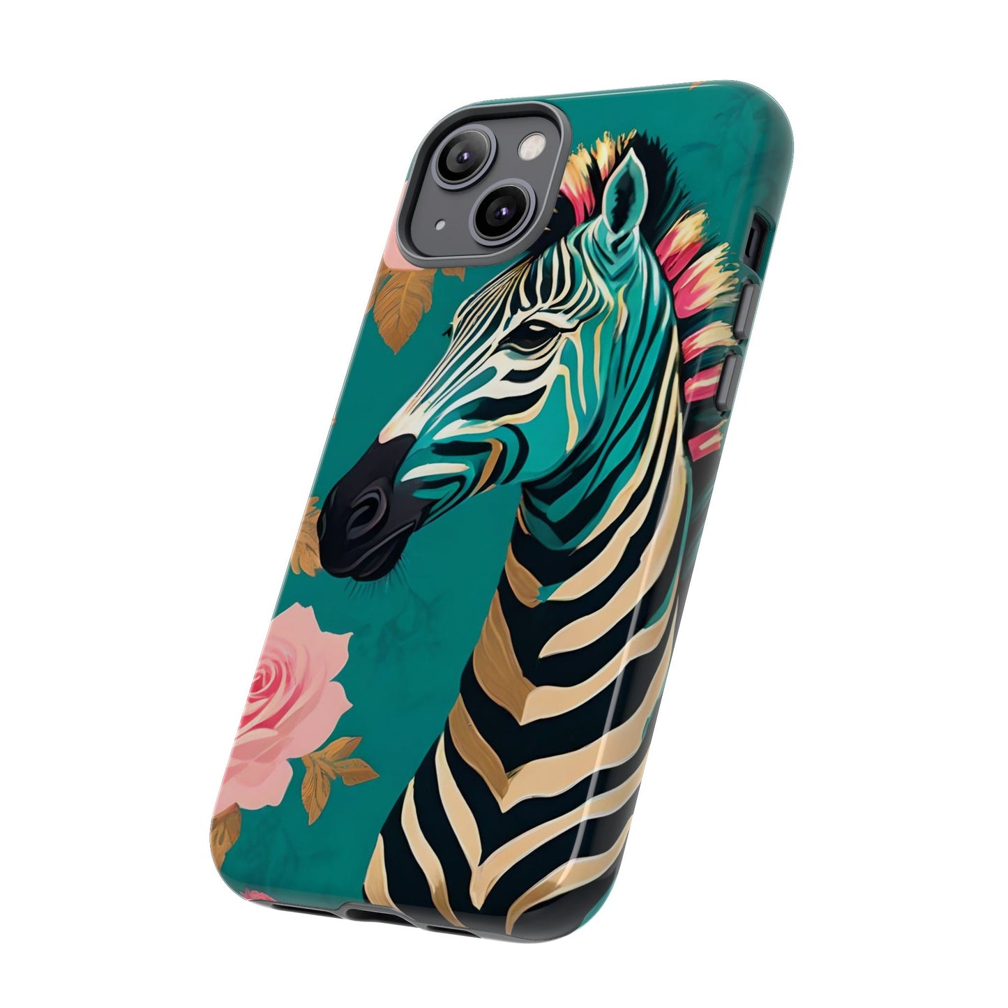 Phone Case - Elegant Teal & Gold Zebra & Roses Design