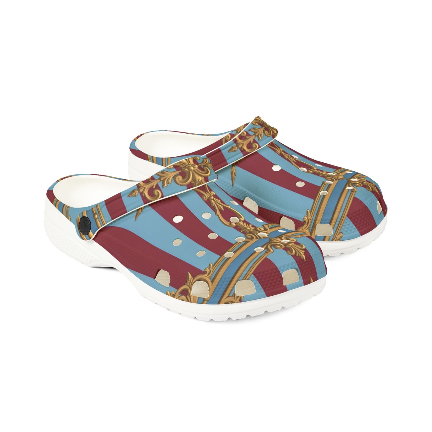 Chic Unisex EVA Foam Rubber Clogs – Stylish Comfort Footwear, Trendy Slip-Ons for Home, Casual Outings - Sky Blue & Maroon Striped Baroque