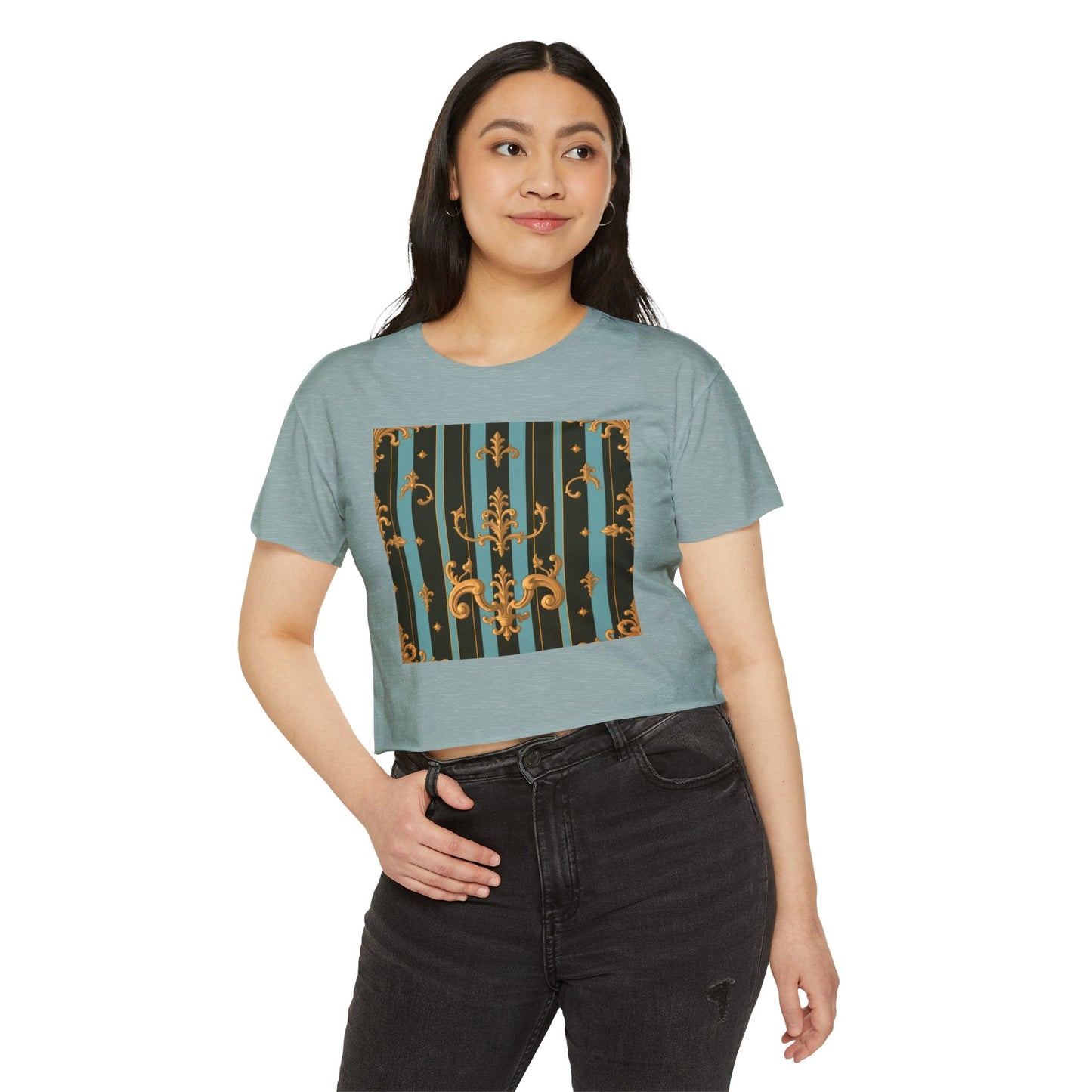 Boho Festival Crop Top, Trendy Summer Top, Stylish Women’s Crop Tee, Perfect for Music Festivals, Casual Wear - Black & Turquoise Striped Baroque