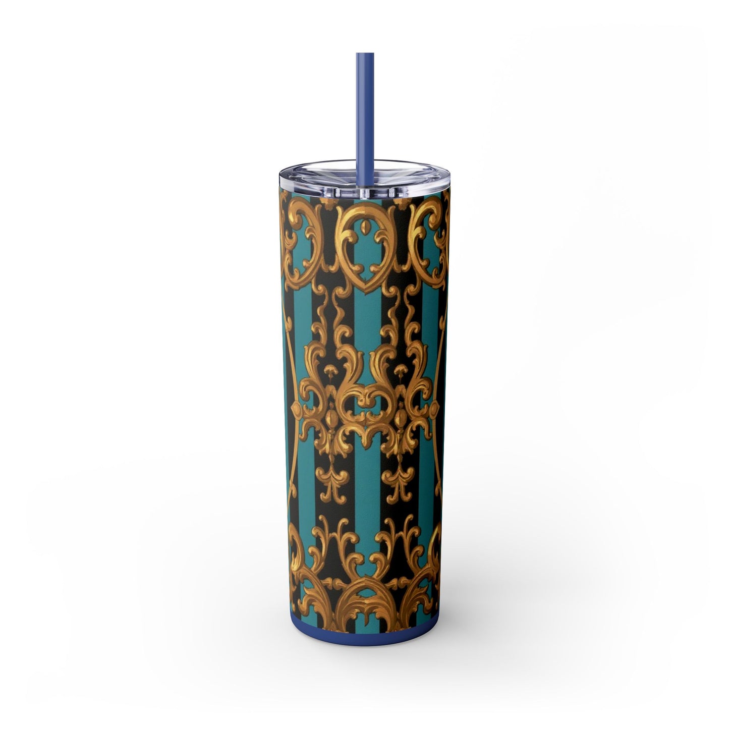 Elegant Turquoise & Black Striped Gold Baroque Skinny Tumbler with Straw, 20oz, Stylish Travel Mug, Party Favor, Birthday Gift, Drinkware