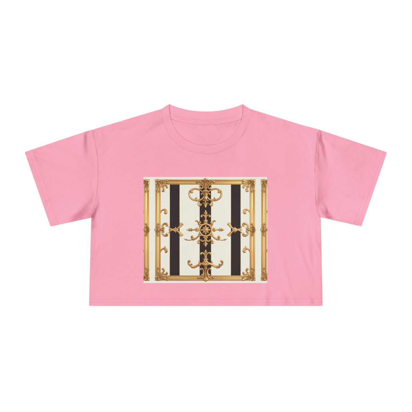 Chic Gold Baroque Women's Crop Tee, Stylish Summer Top, Fashionable Gift for Her, Casual Fashion - Black & White Striped Gold Baroque