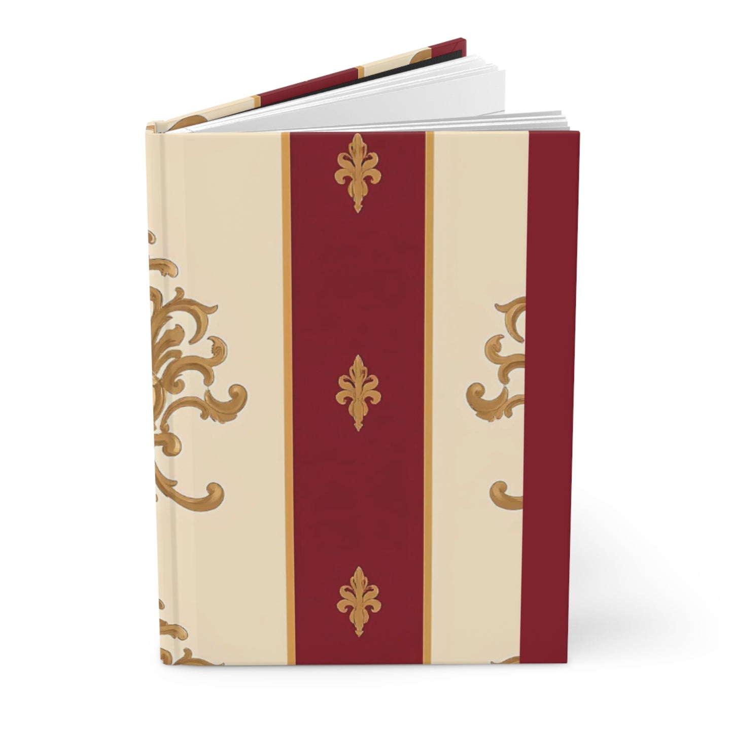 Elegant Floral Motif Hardcover Journal - Stylish Writing Notebook - Dusk Red Striped Gold Damask