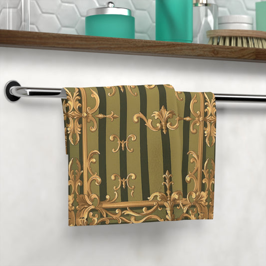 Elegant Vintage Face Towel with Floral Design, Luxury Bath Accessory, Home Spa Essentials, Bathroom Decor - Olive Green Striped Rococo