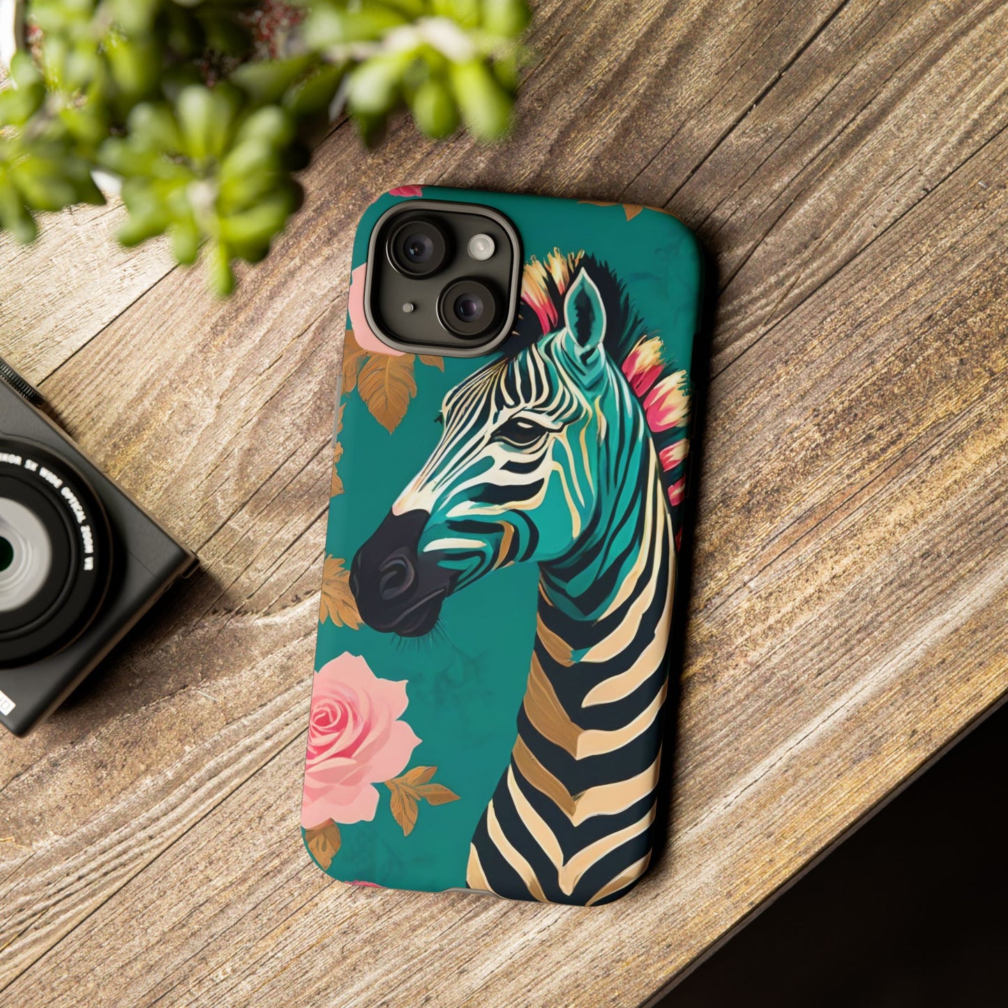 Phone Case - Elegant Teal & Gold Zebra & Roses Design