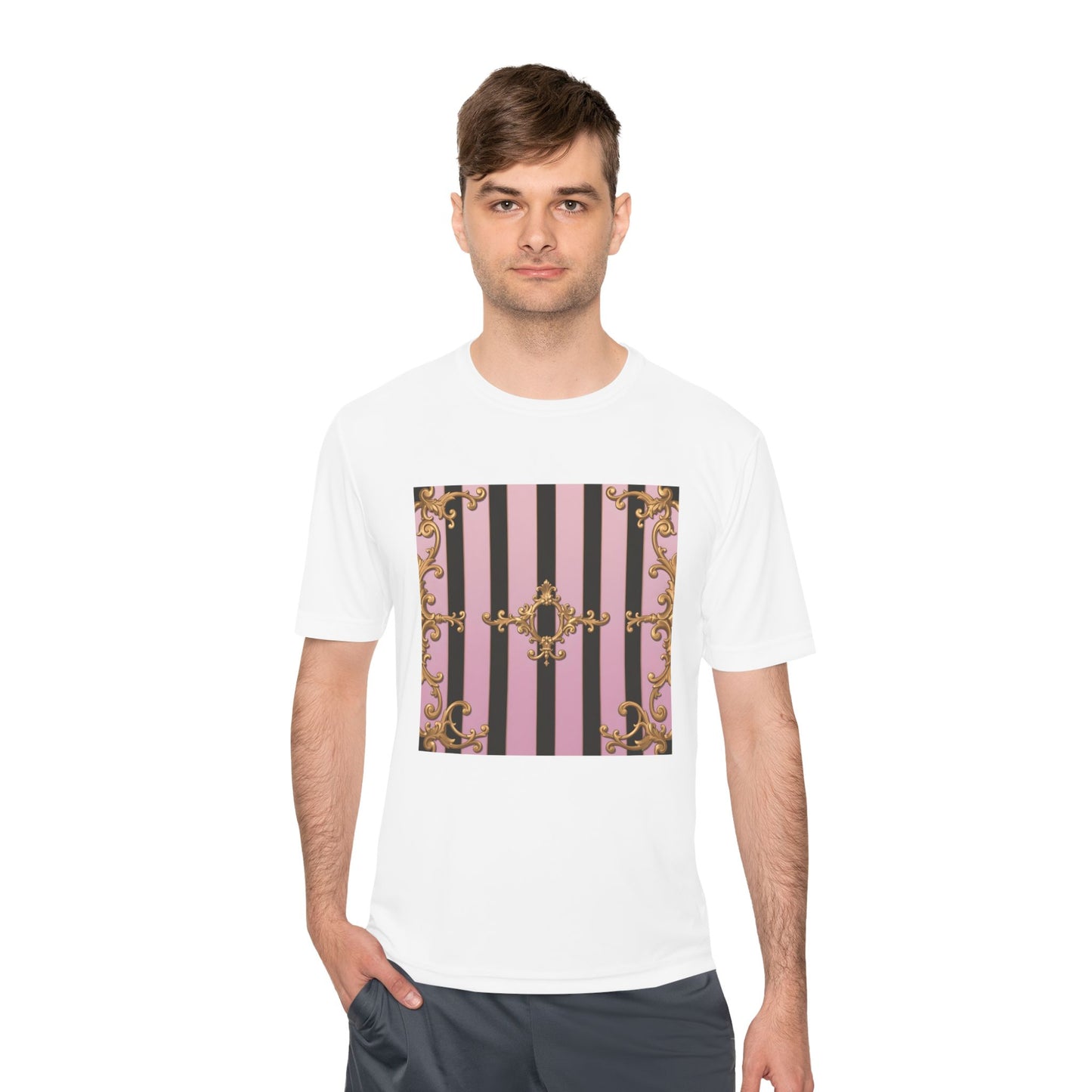 Elegant Striped Unisex Moisture Wicking Tee, Stylish Workout T-Shirt, Fashionable Athletic Top - Matte Lavender & Black Striped Gold Baroque