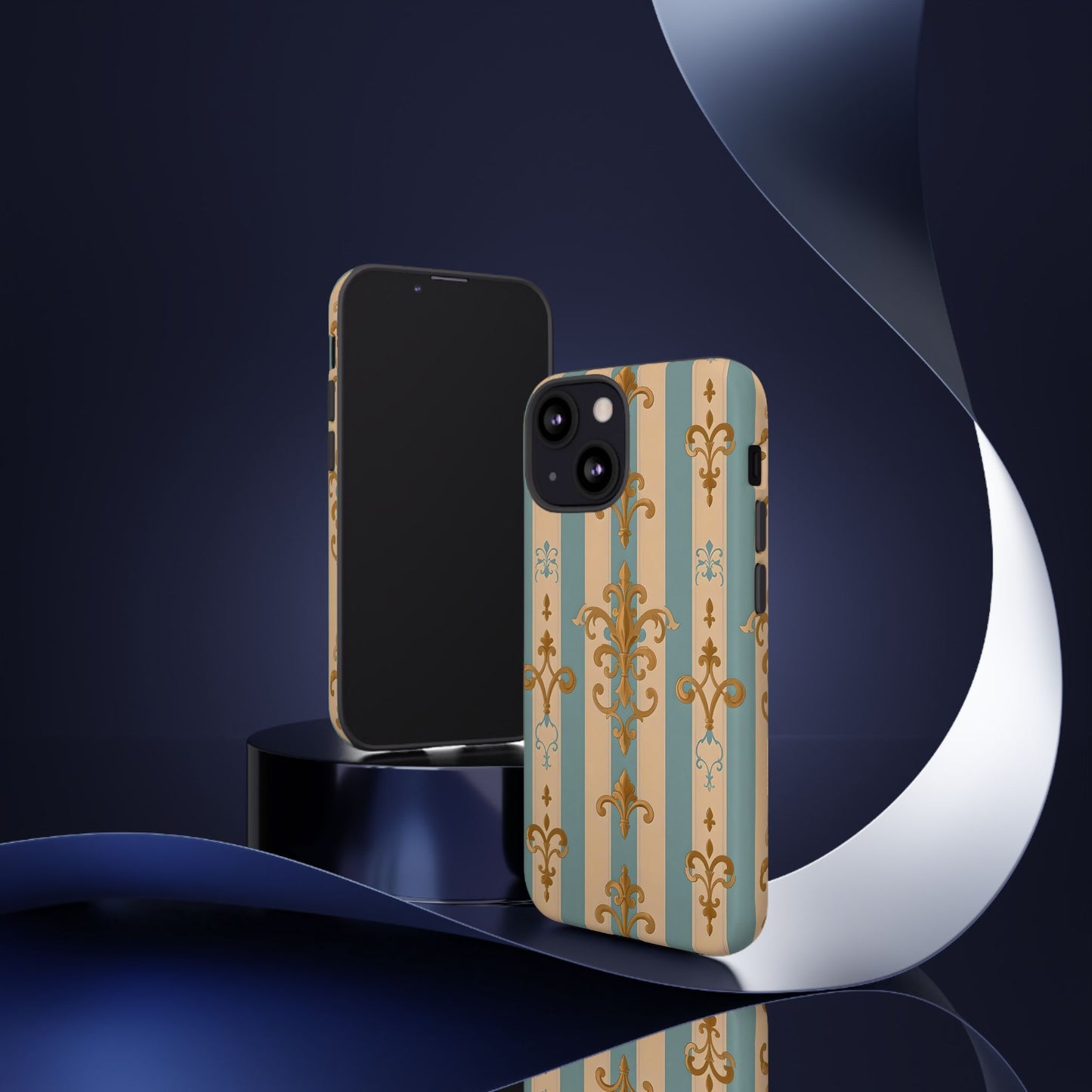 Elegant Floral Motif Phone Case - Tough Cases with Vintage Design -  Beige & Sky Blue Striped Gold Damask
