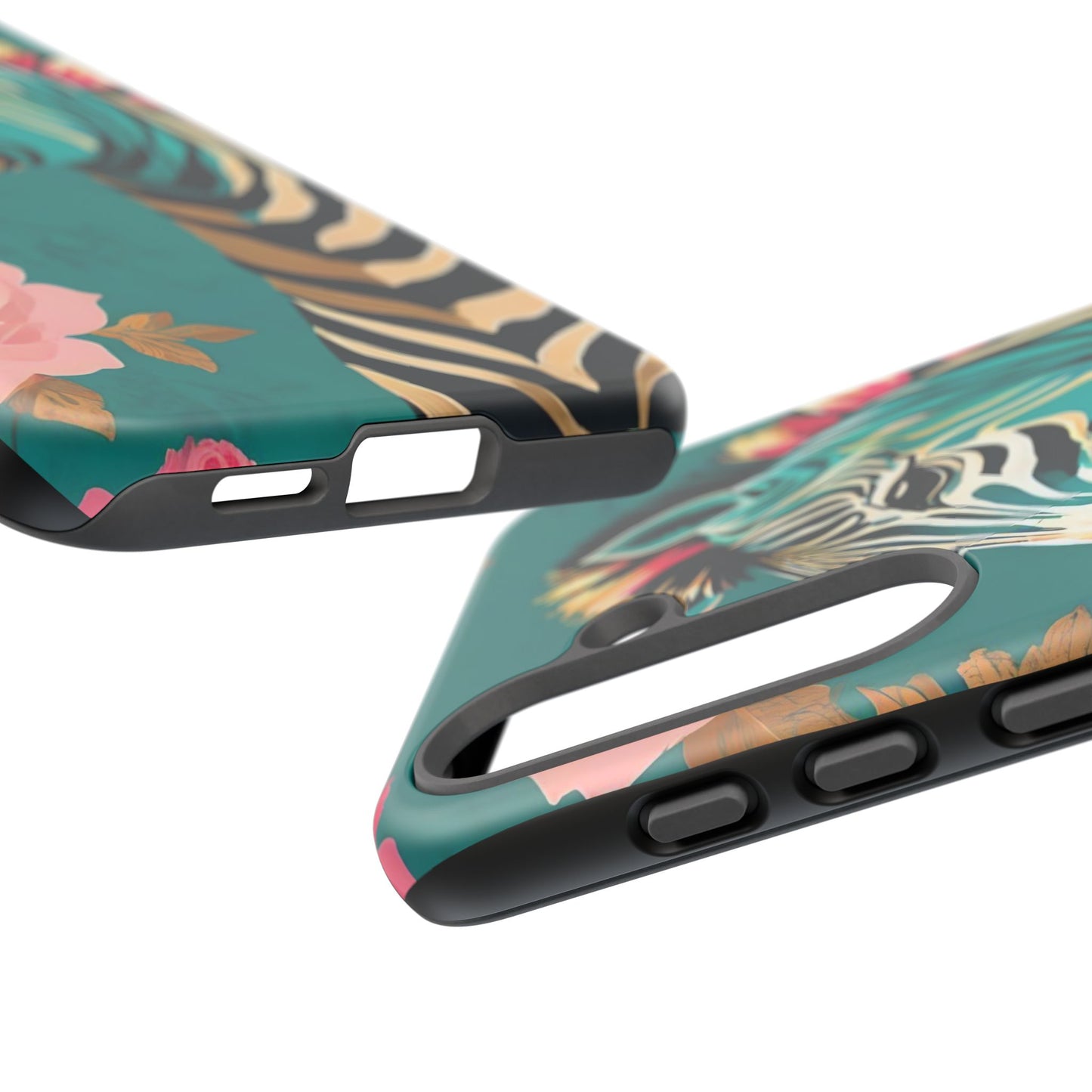 Phone Case - Elegant Teal & Gold Zebra & Roses Design