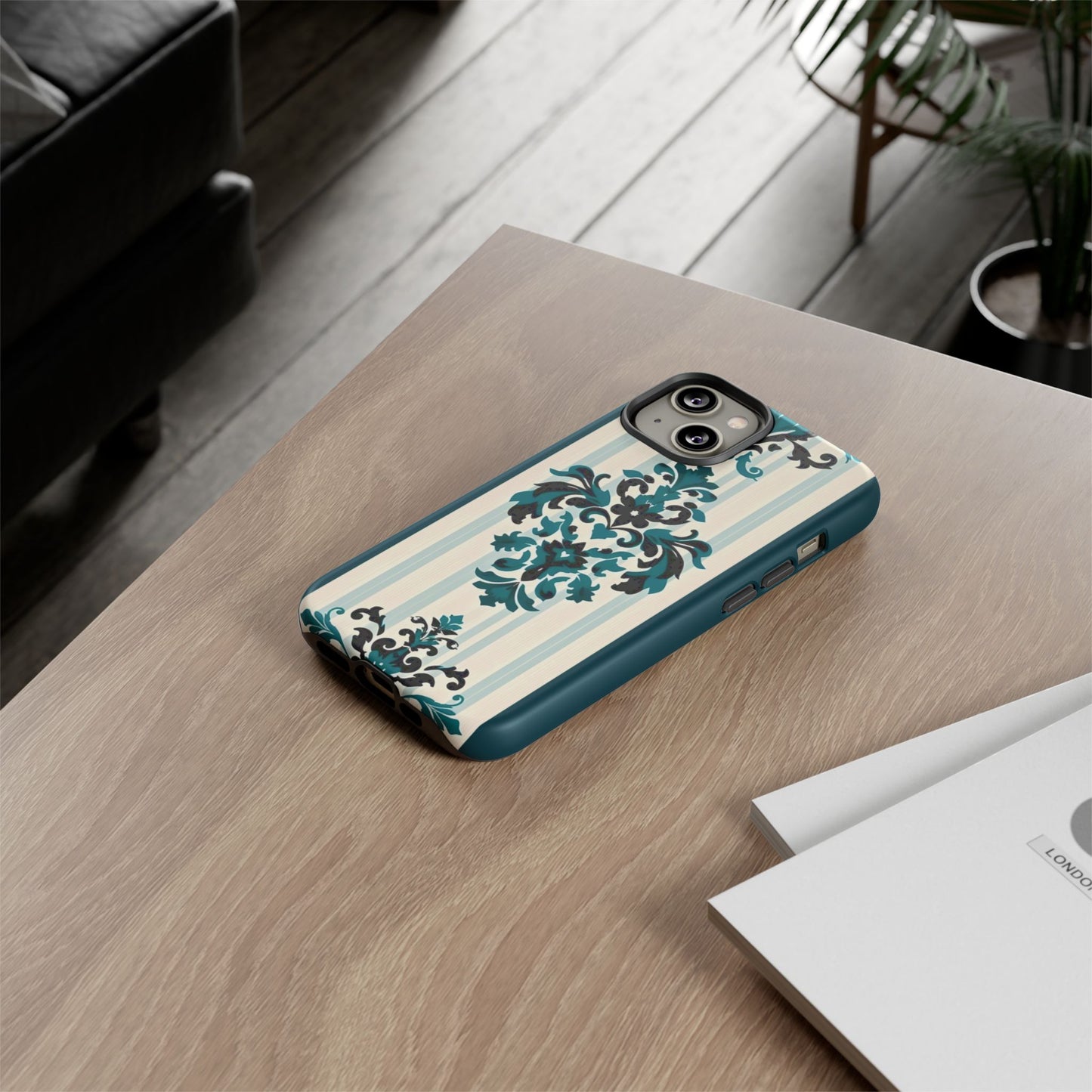 Elegant Floral Phone Case - Tough Cases with Vintage Design - Teal Striped Damask