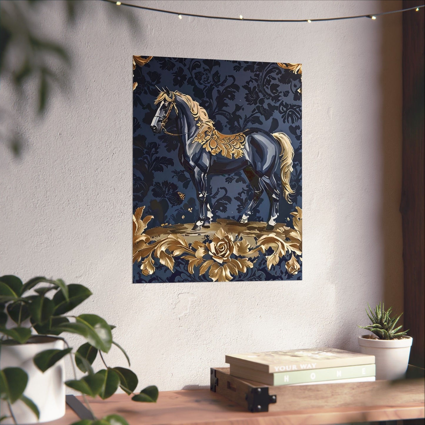 Floral Motif Art Poster - Elegant Matte Vertical Wall Decor - Midnight Blue & Gold Damask Horse
