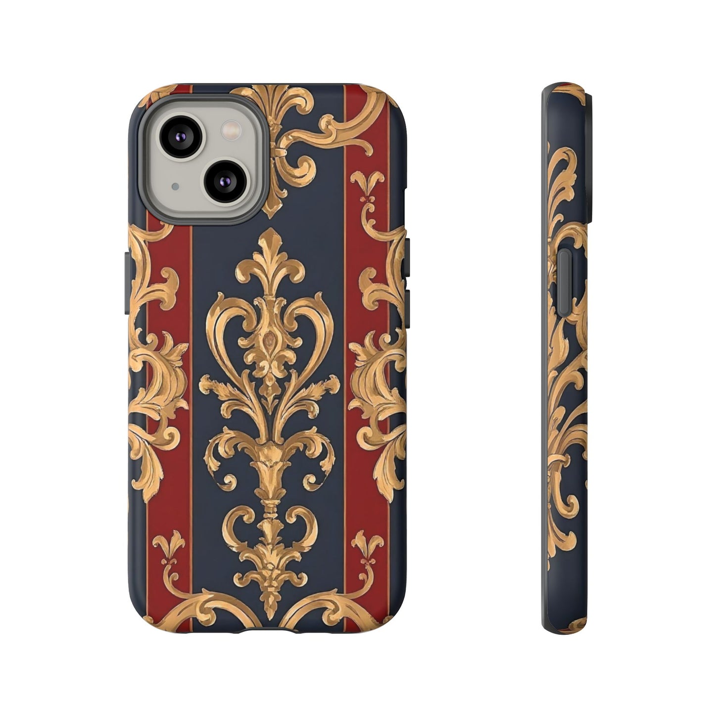 Elegant Floral Motif Phone Case - Tough Cases with Vintage Design - Midnight Blue & Dusk Red Striped Gold Damask
