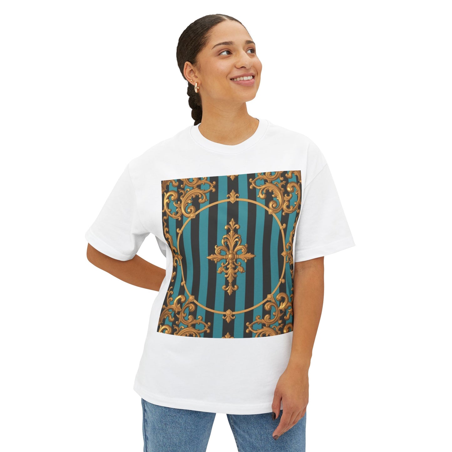 Stylish Turquoise & Black Striped Gold Baroque Unisex Oversized Boxy Tee, Retro Graphic Shirt, Casual Wear, Trendy Fashion, Unique Gift Idea