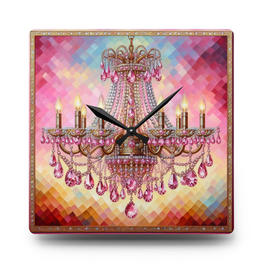 Chic Chandelier Acrylic Wall Clock, Elegant Home Decor, Luxury Gift, Vintage Style Clock, Glamorous Wall Art - Pink Jeweled Chandelier