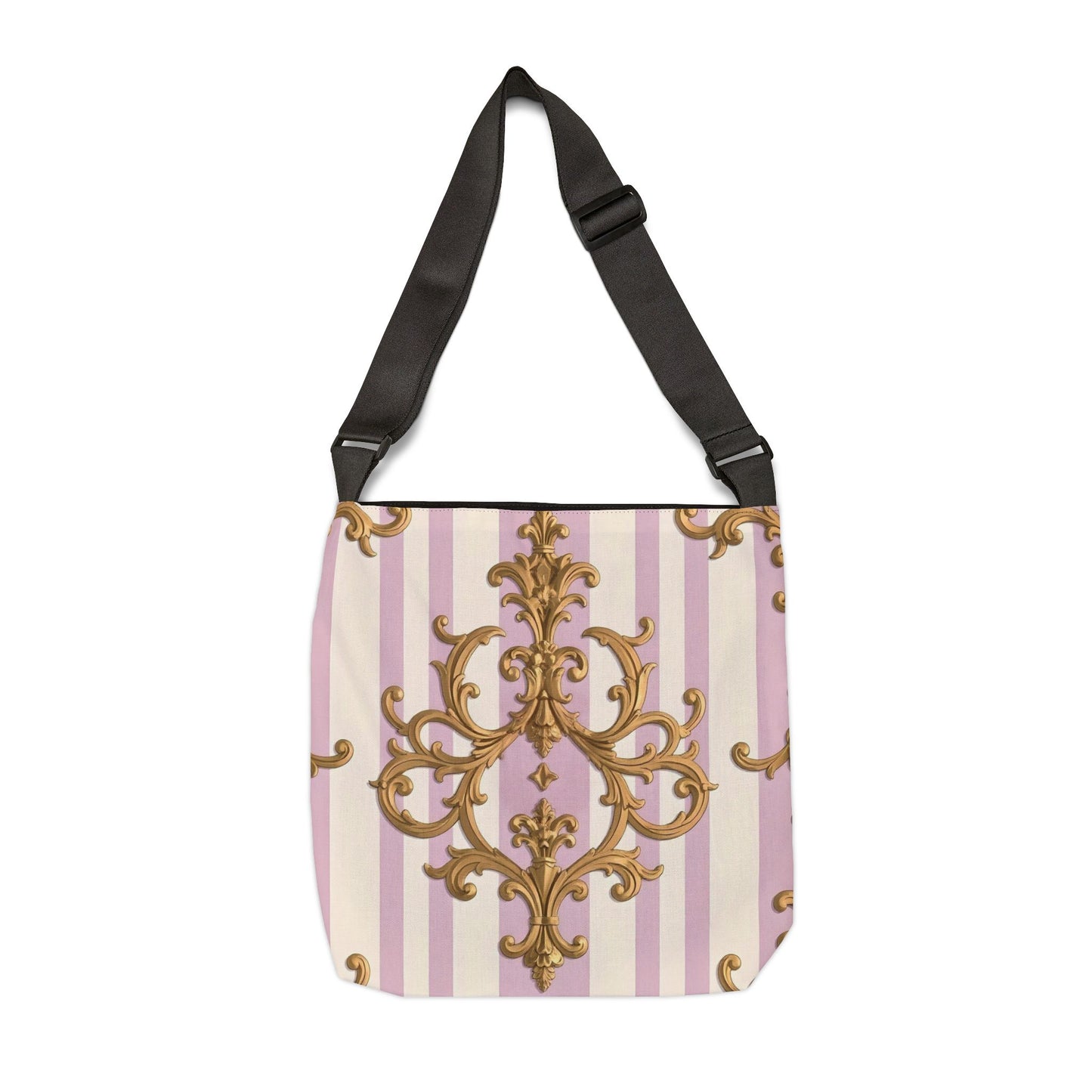 Elegant Floral Adjustable Tote Bag, Perfect for Shopping, Travel, Gym, Gifts, Special Occasions - Lilac & Alabaster Striped Gold Baroque