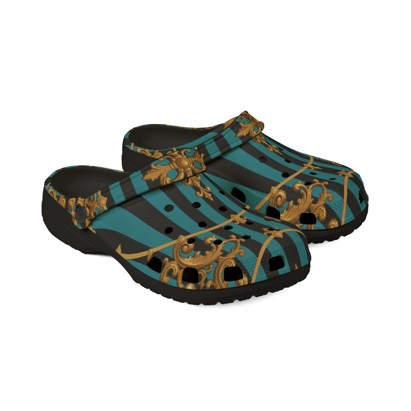 Stylish Turquoise & Black Striped Gold Baroque EVA Foam Rubber Shoes with Elegant Gold Pattern, Casual Footwear