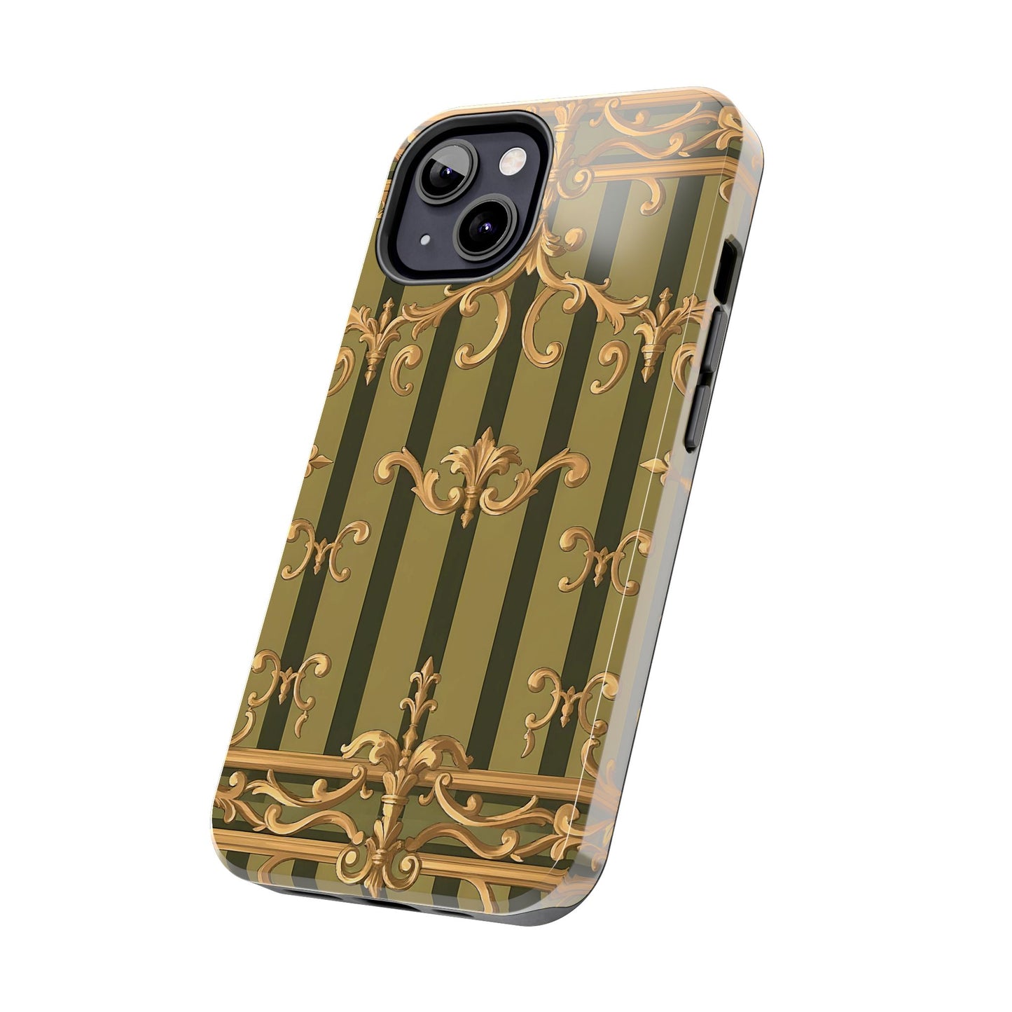 Elegant Vintage Phone Case - Tough Protection with Classy Design, Stylish Phone Cover for Fashion Lovers - Olive Green Striped Rococo