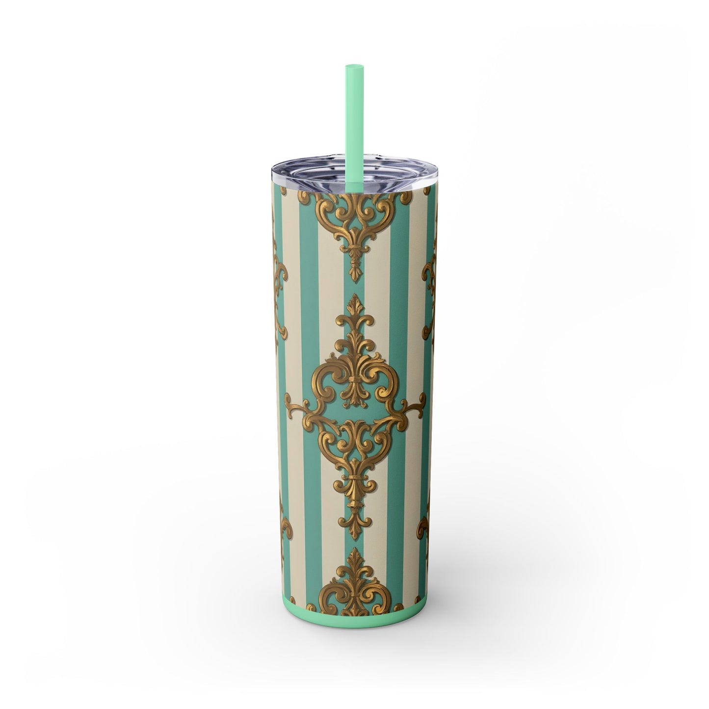 Elegant Vintage Skinny Tumbler with Straw, 20oz, Stylish Drinkware, Perfect Gift for Home, Coffee Lovers - Matte Green Striped Rococo
