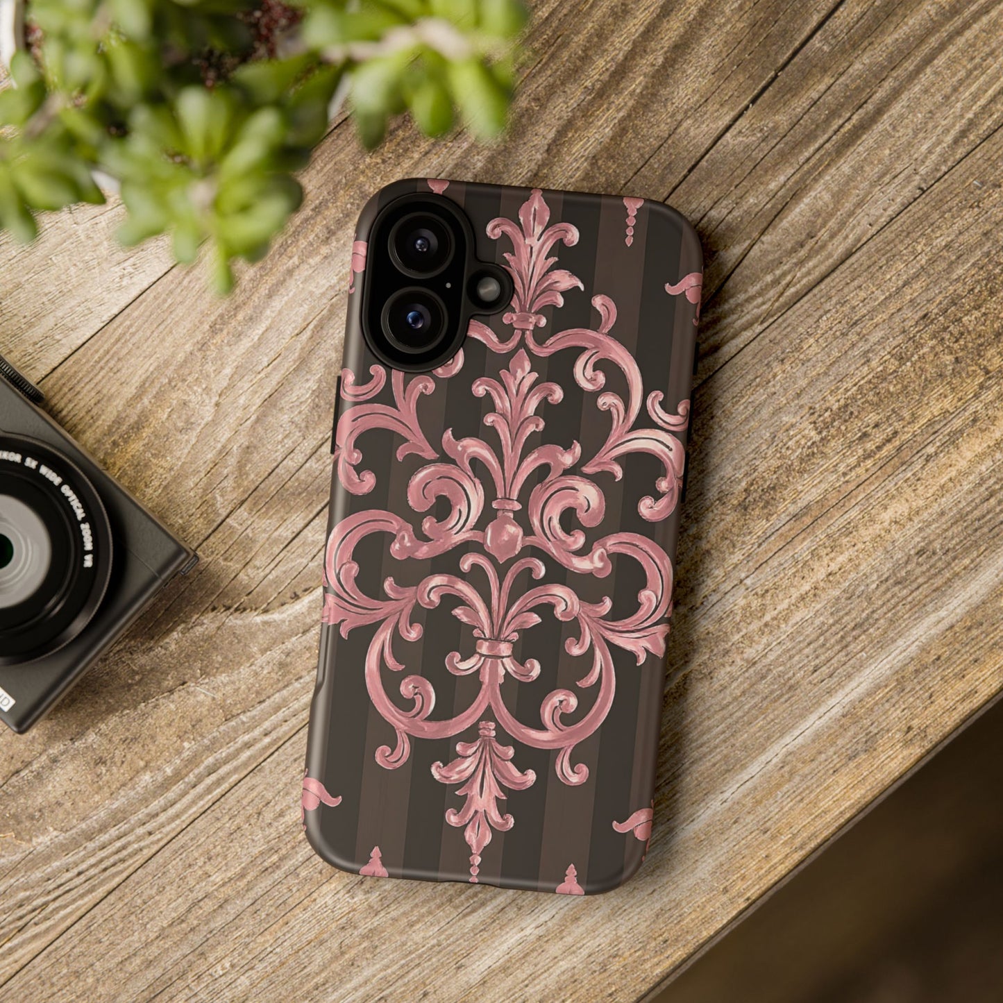 Elegant Floral Motif Phone Case - Tough Cases with Vintage Design - Brown Striped Mauve Damask