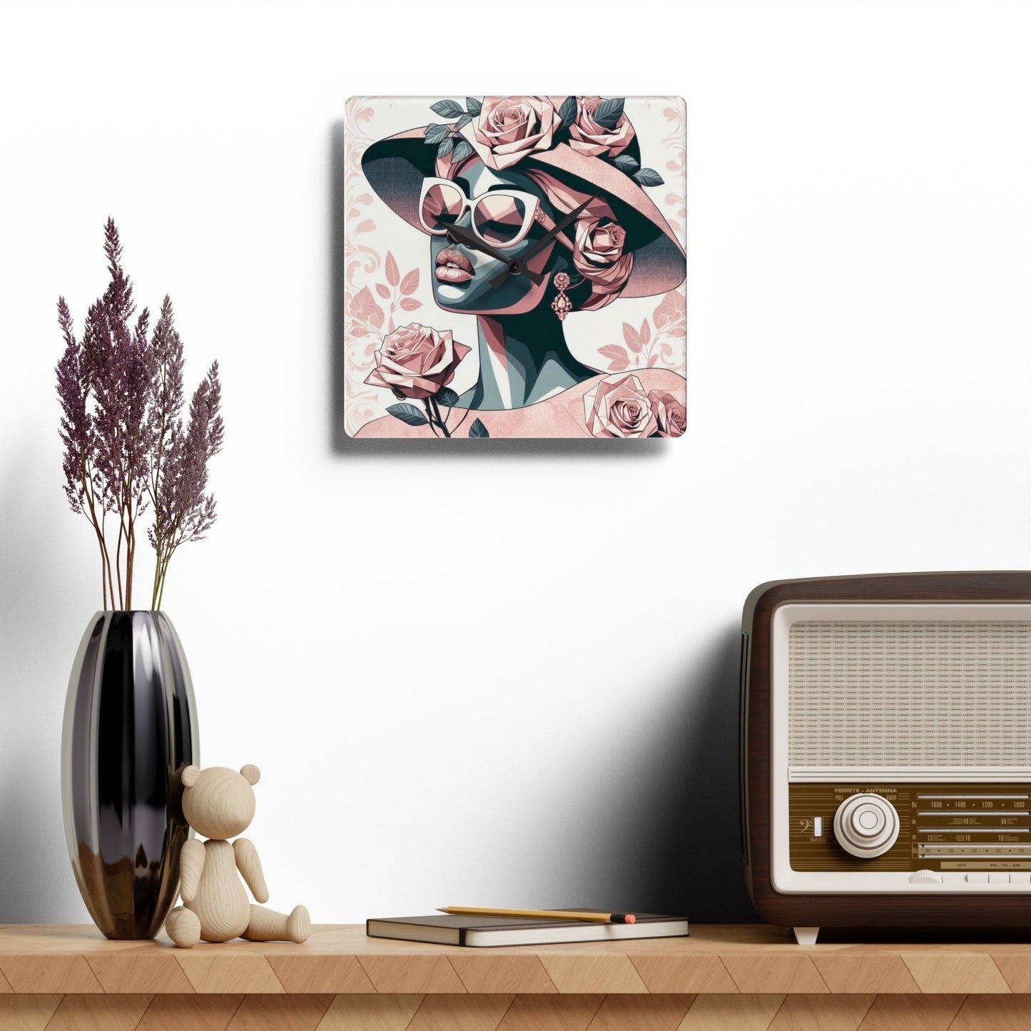 Elegant Floral Acrylic Wall Clock | Home Decor, Living Room Accent, Gift for Her, Art Clock, Modern Design - Pink & Matte Teal Lady