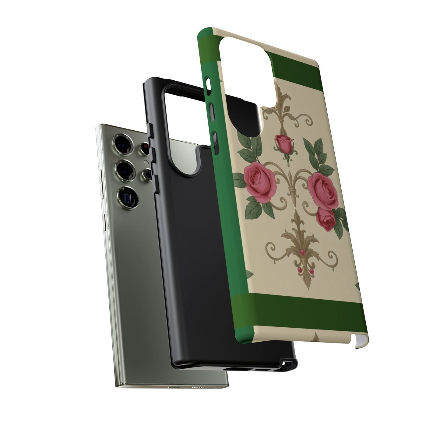 Elegant Floral Motif Phone Case - Tough Cases with Vintage Design - Green Border Roses & Damask