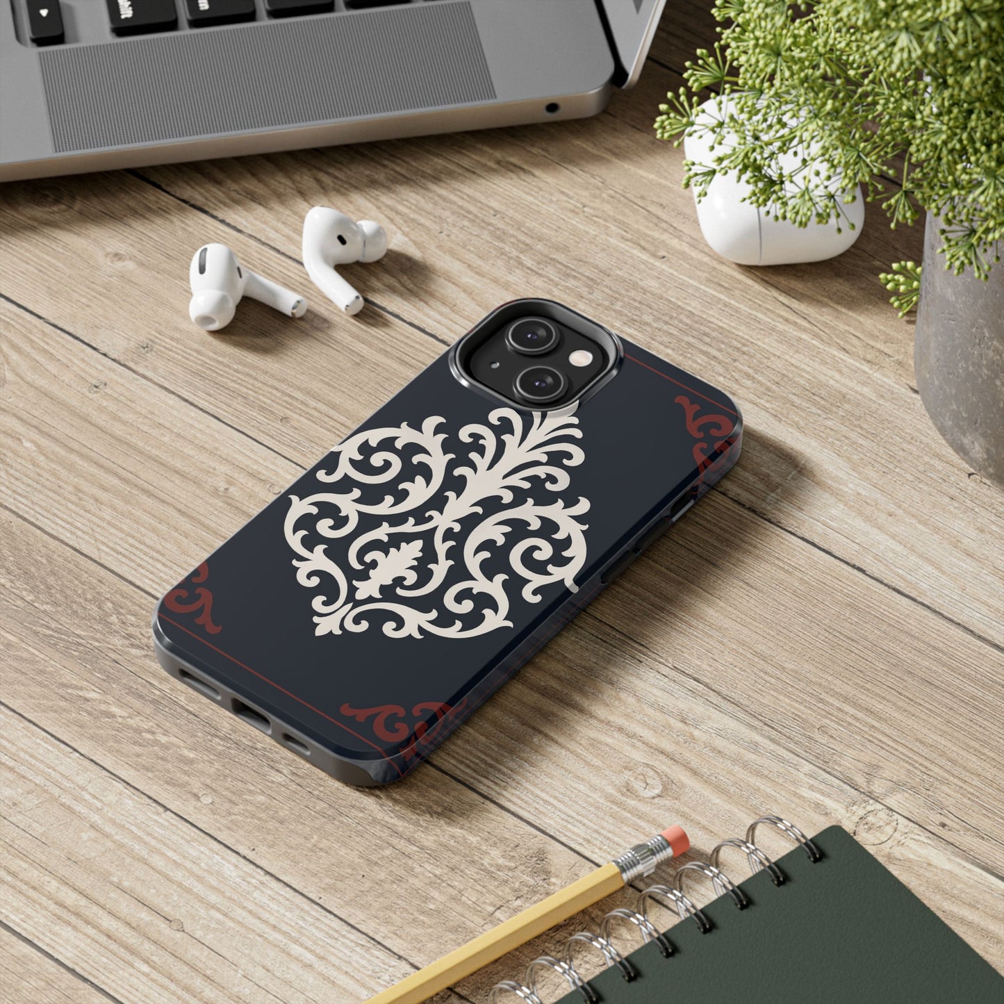 Dusk Blue-Maroon & White Baroque Tough Phone Case — Vintage Scroll Design