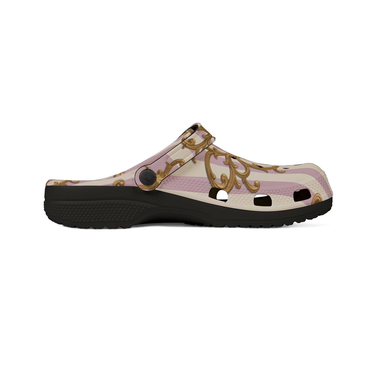 Chic Floral Clogs - Stylish EVA Foam Slip-On Shoes, Cute Garden Footwear, Comfortable Walkers - Lilac & Alabaster Striped Gold Baroque