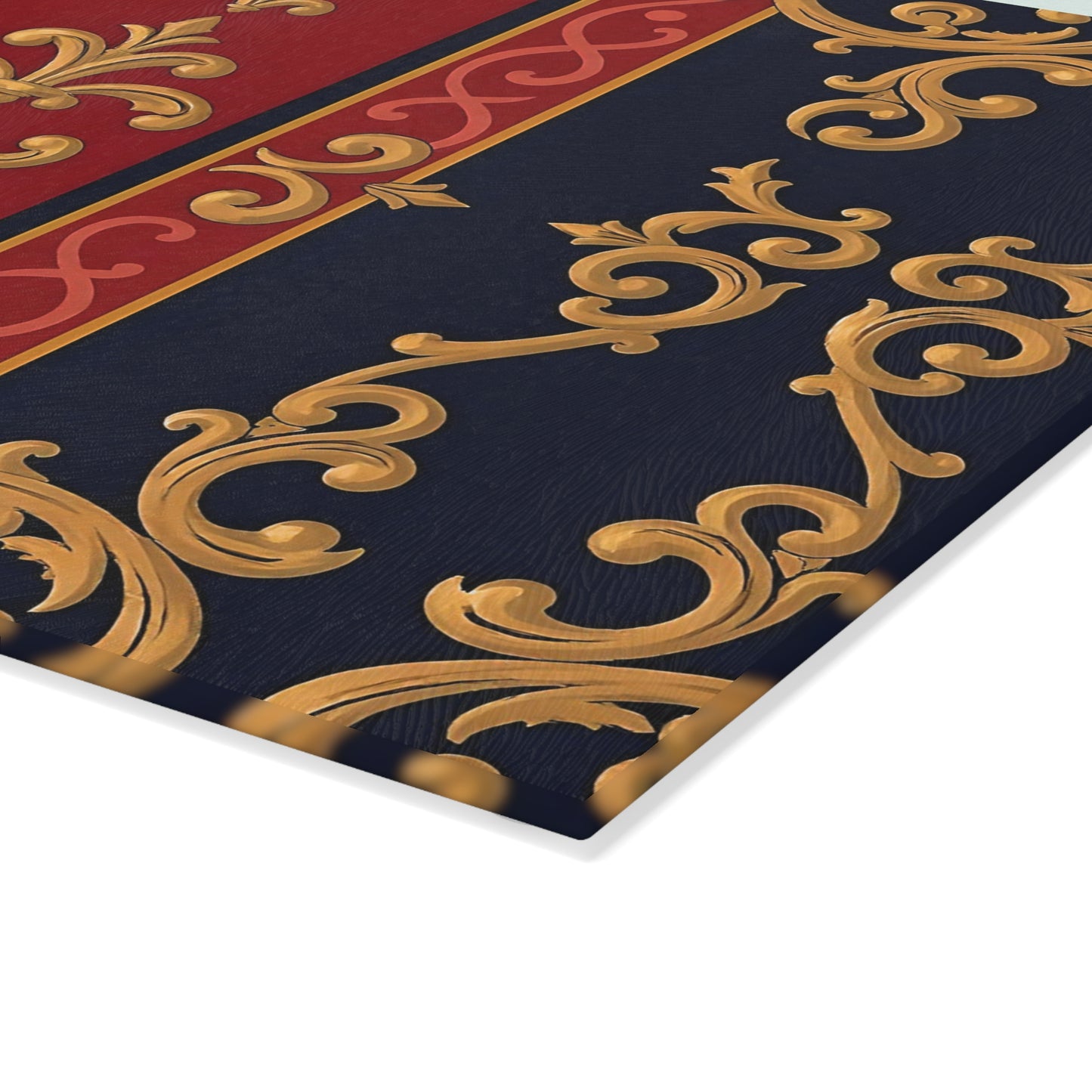 Elegant Ornate Glass Cutting Board, Kitchen Decor, Elegant Serving Tray, Housewarming Gift, Gourmet Cooking Essential - Midnight Blue & Dusk Red Gold Baroque