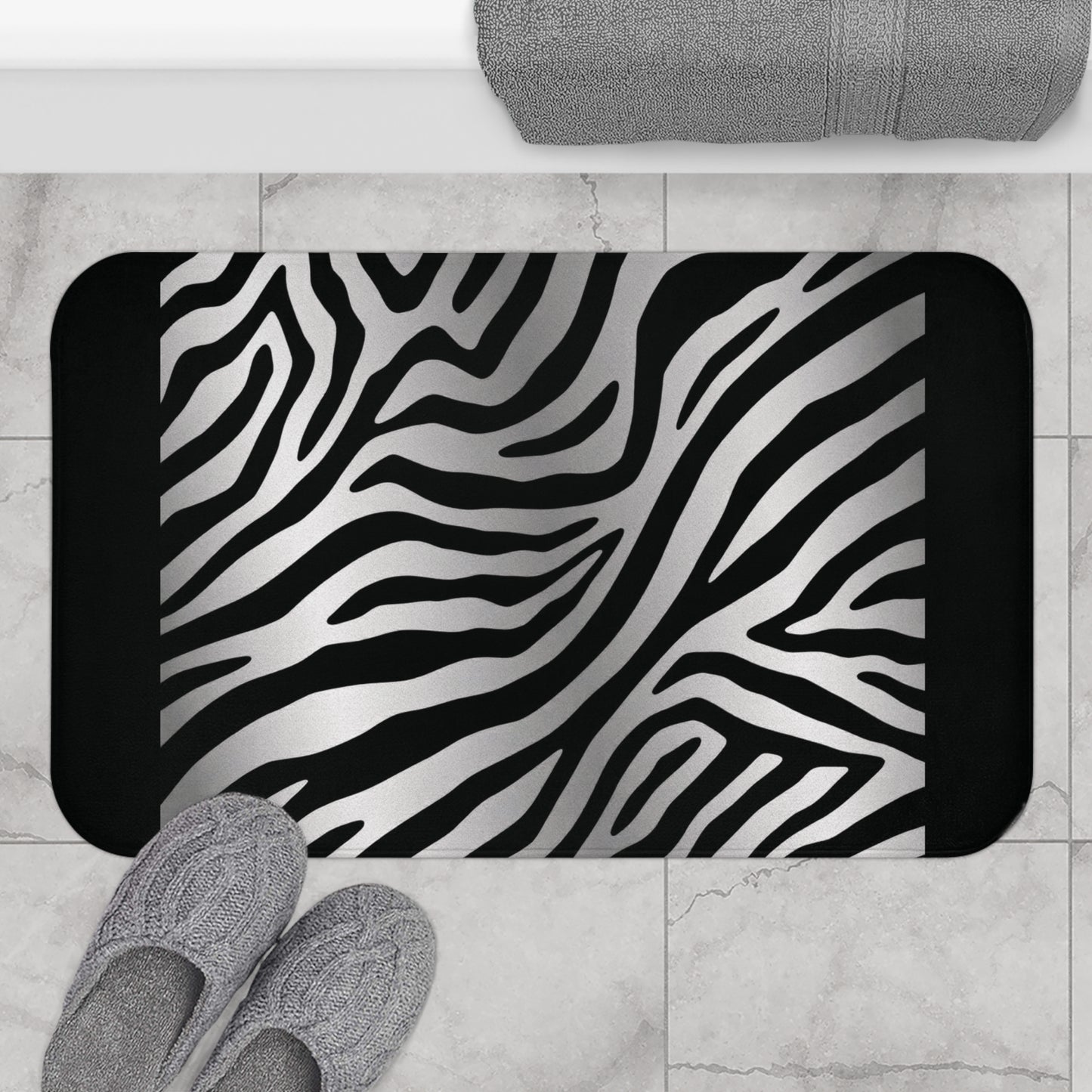 Stylish Zebra Print Bath Mat - Modern Bathroom Decor - Black Trim