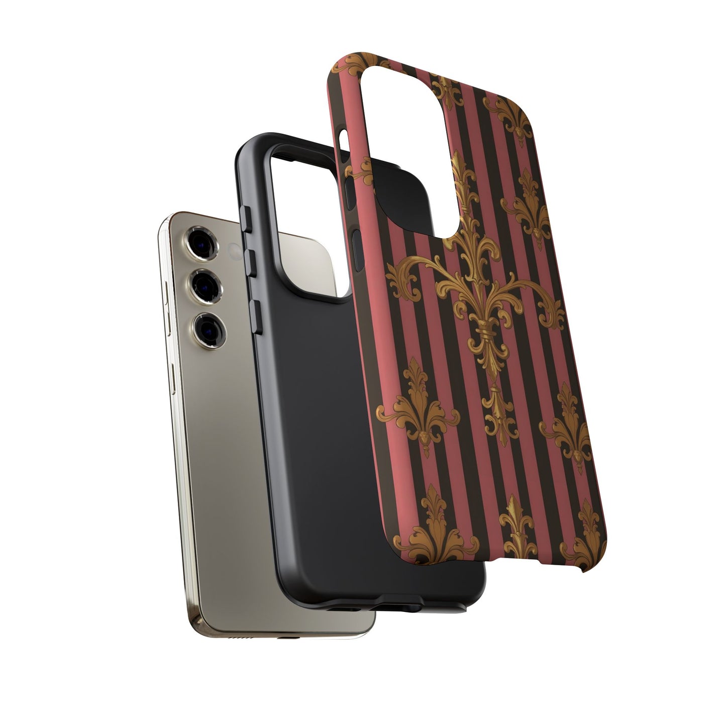Elegant Floral Motif Phone Case - Tough Cases with Vintage Design - Mauve Striped Gold Damask