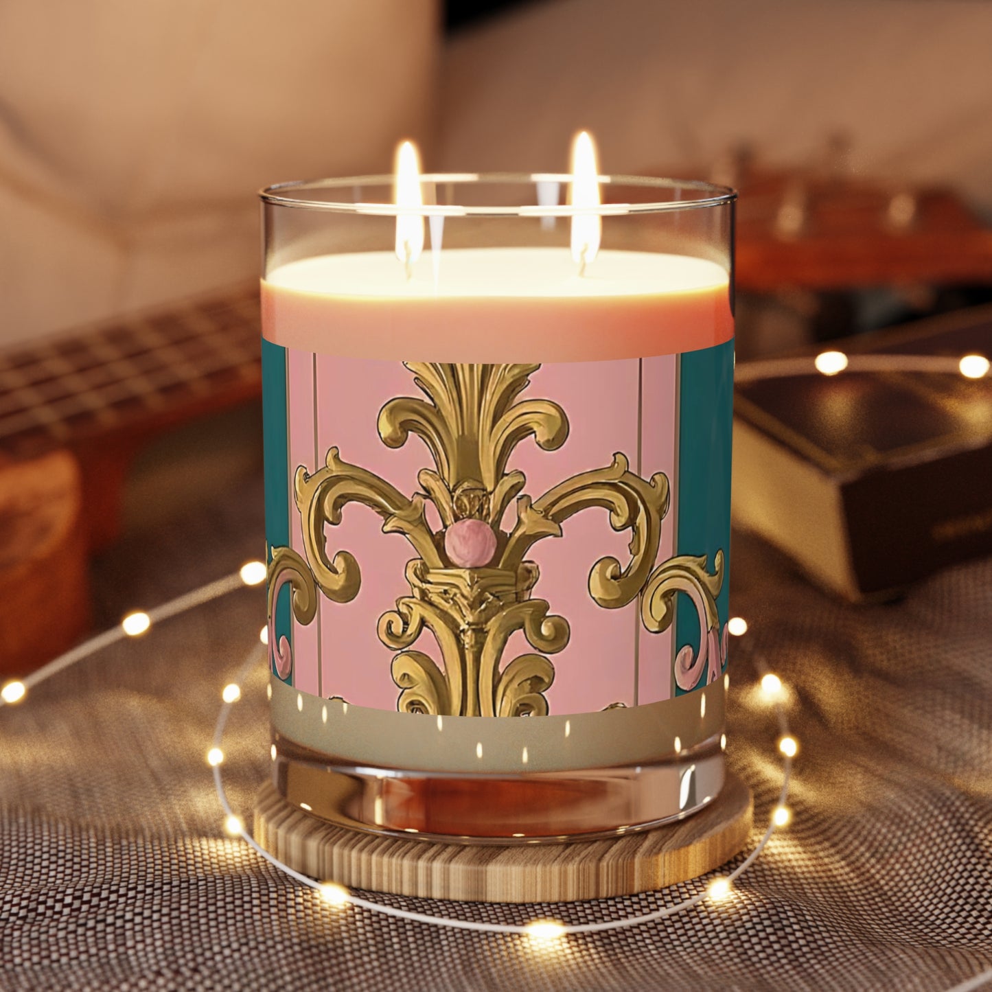 Elegant Floral Scented Candle - Chic Decor, Relaxation Gift, Home Fragrance, Party Favors - Pink & Teal Striped Gold Baroque