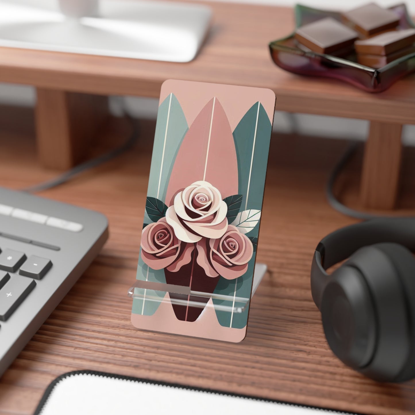 Elegant Floral Smartphone Display Stand - Burgundy, Matte Mauve & Teal Surfboard & Roses - Decorative Mobile Holder