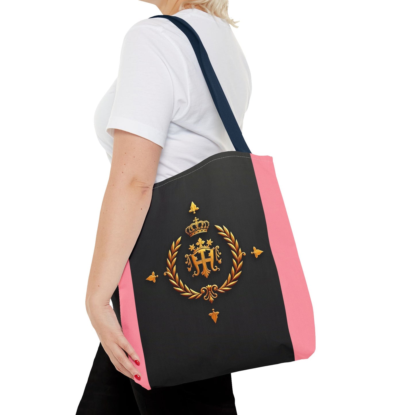 Elegant Monogrammed Tote Bag - Chic Shopper, Eco-Friendly Carryall, Personalized Gift, Stylish Accessory - Pink Striped Gold Crest