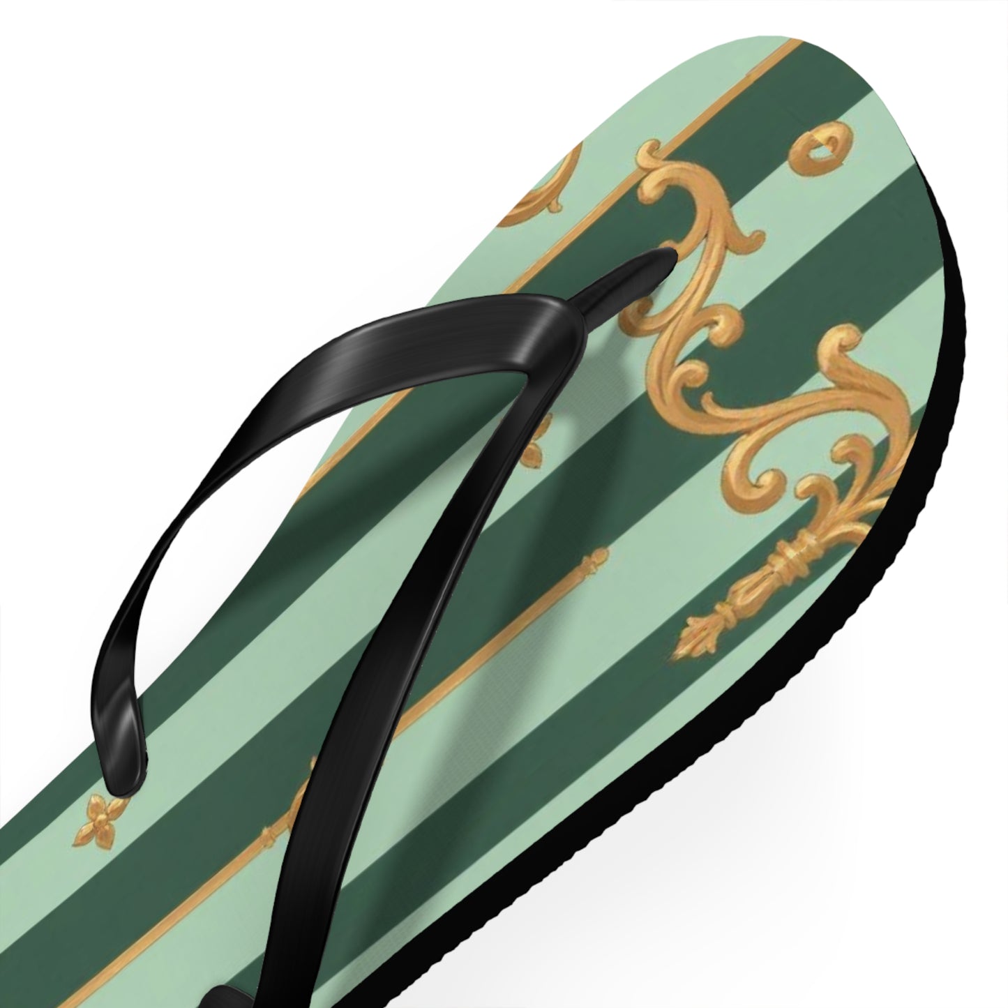 Elegant Patterned Flip Flops for Summer Fun, Beach Sandals, Casual Footwear, Vacation Essentials - Mint Green & Teal Striped Gold Baroque