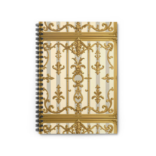 Elegant Gold Baroque Spiral Notebook - Ruled Lines, Perfect for Journaling, Note Taking, School Supplies - Matte Gray & Cream Striped Gold Baroque