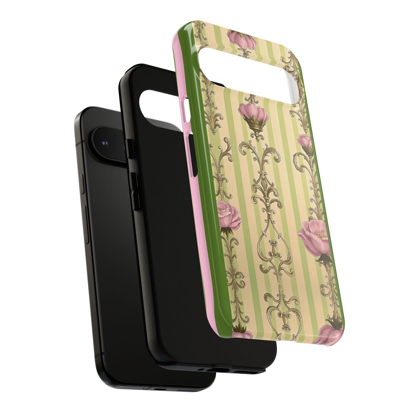 Elegant Floral Motif Phone Case - Tough Cases with Vintage Design - Lime Green & Pink Striped Damask