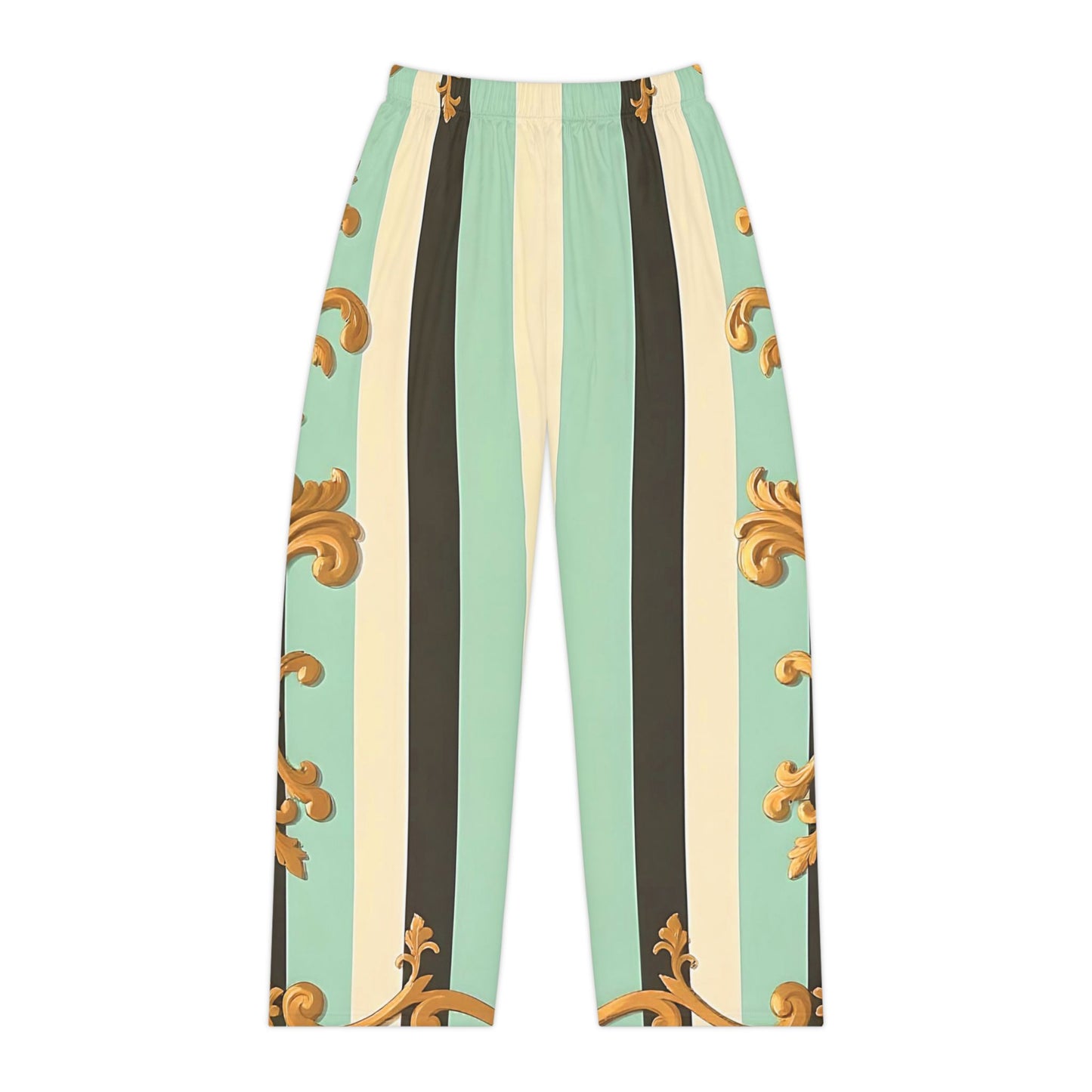 Chic Women's Pajama Pants, Elegant Loungewear, Cozy Sleepwear, Stylish Indoor Pants, Trendy Nightwear - Black & Matte Mint Striped Rococo