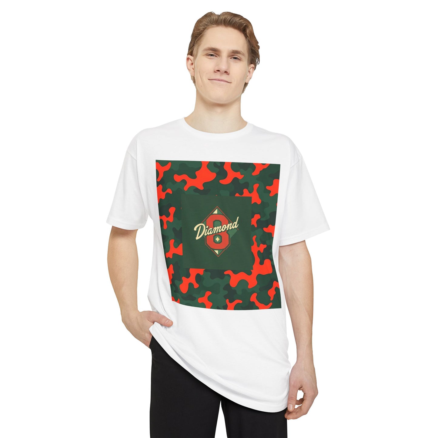 Urban Camo Long Body Tee, Trendy Streetwear, Summer Fashion Top, Unisex Casual Shirt, Gift for Him/Her - Green & Orange Camo Diamond 8
