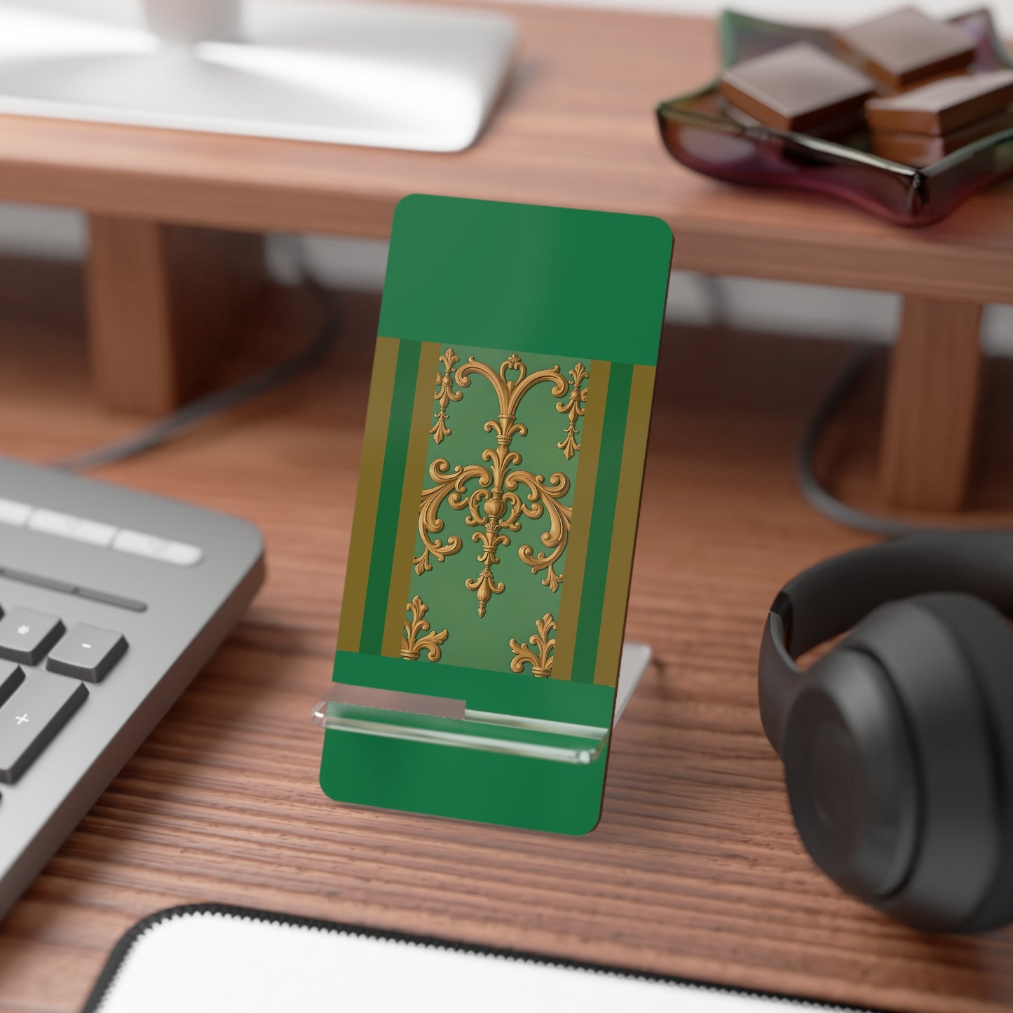 Elegant Mobile Display Stand for Smartphones, Decorative Phone Holder, Green and Gold Design, Stylish Desk Accessory - Olive Green Striped Rococo