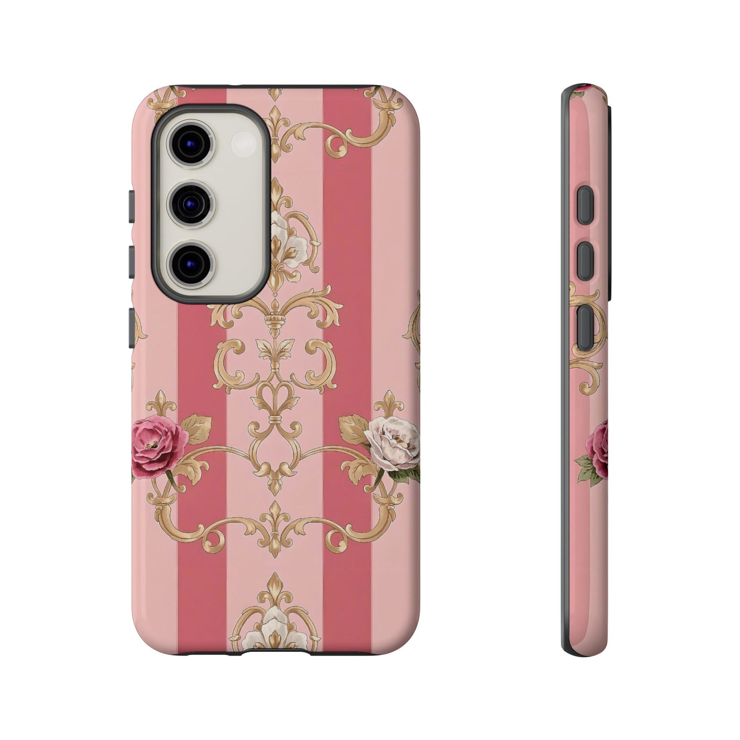 Elegant Floral Motif Phone Case - Tough Cases with Vintage Design - Pink Striped Roses & Damask