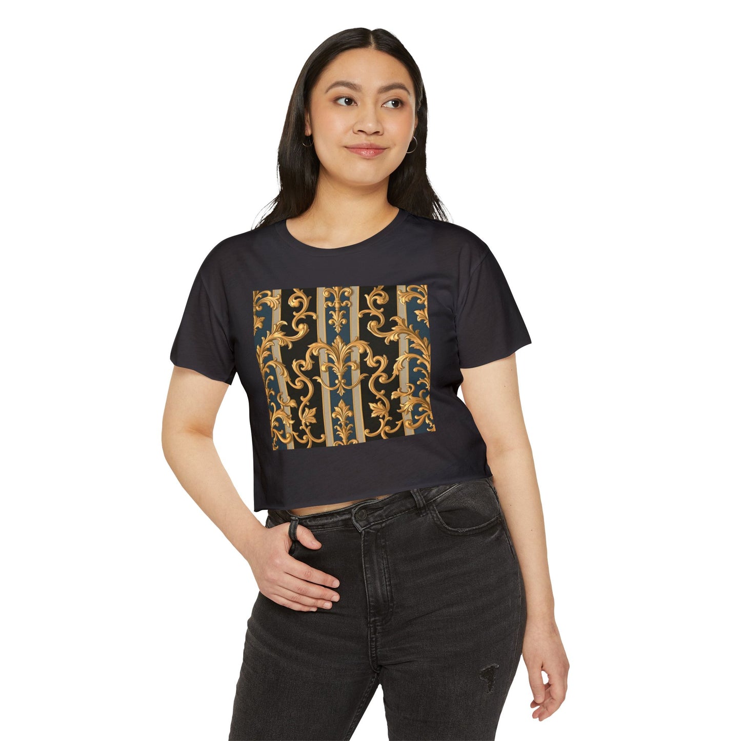 Women’s Festival Crop Top with Stylish Floral Pattern - Summer Outfit, Boho Chic, Concert Wear - Blue & Black Striped Rococo