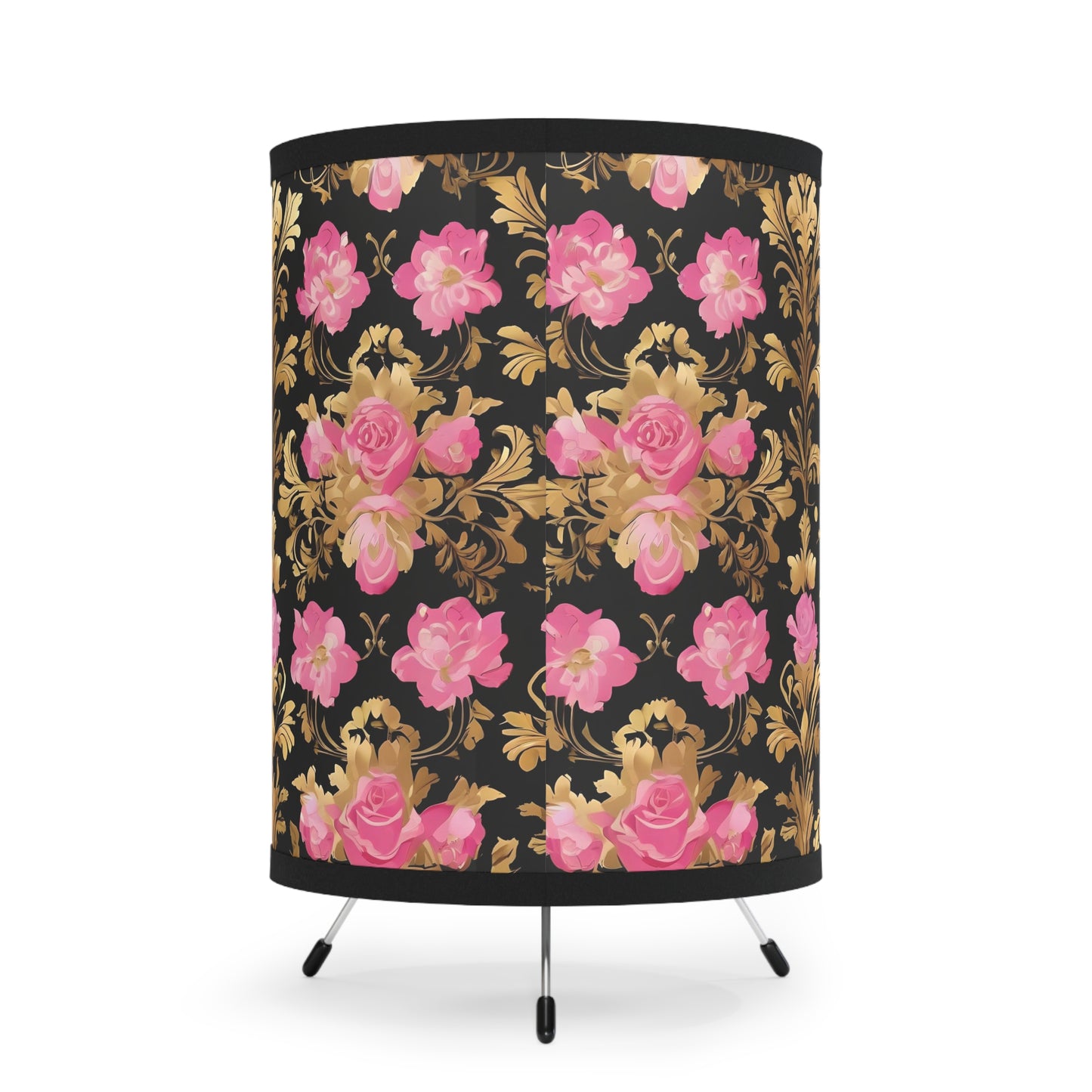 Elegant Tripod Lamp with Vintage Floral Print Shade - High-Res Home Accent - Pink & Gold Roses
