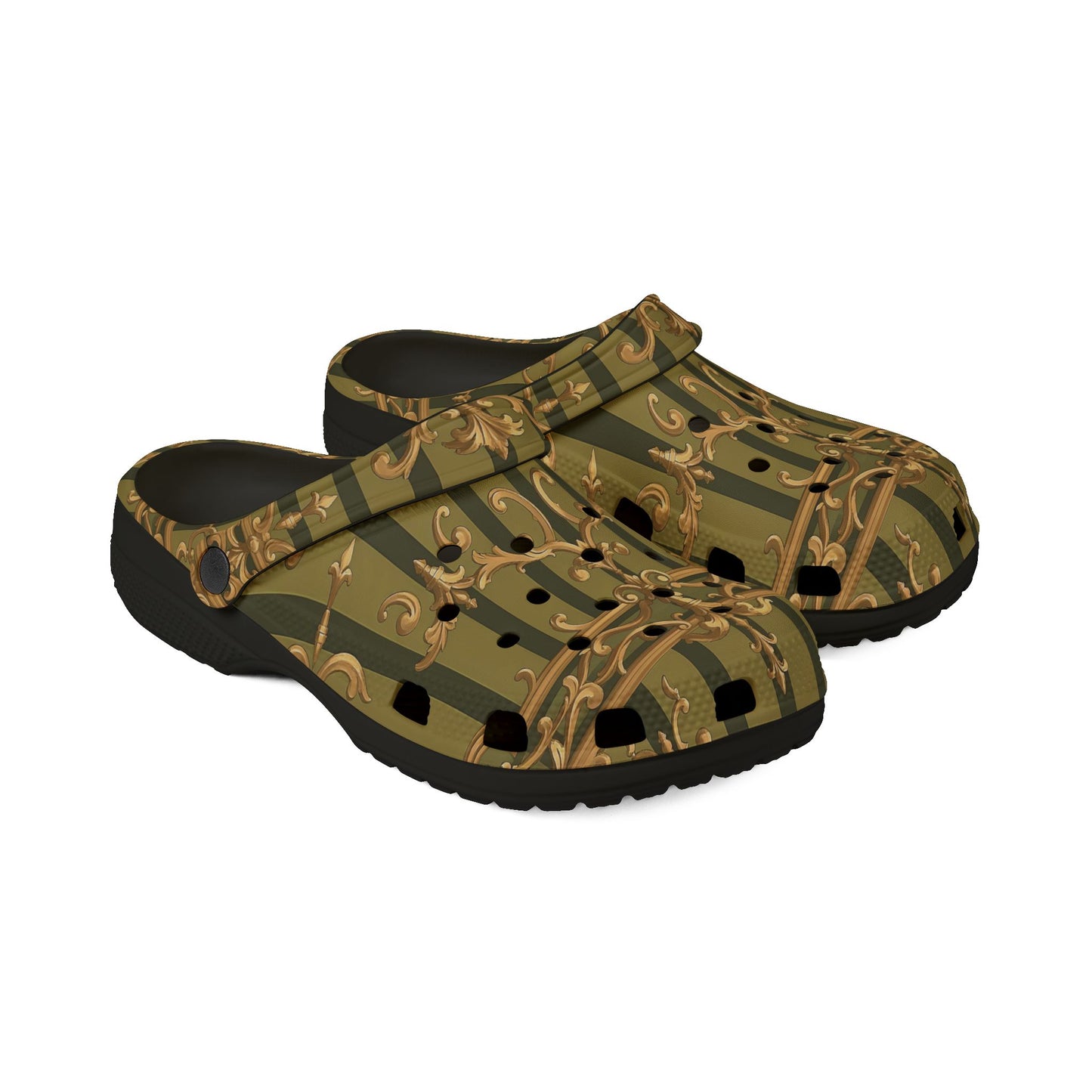 Chic Patterned EVA Foam Shoes, Stylish Footwear, Comfortable Everyday Clogs, Unique Home Shoes - Olive Green Striped Rococo