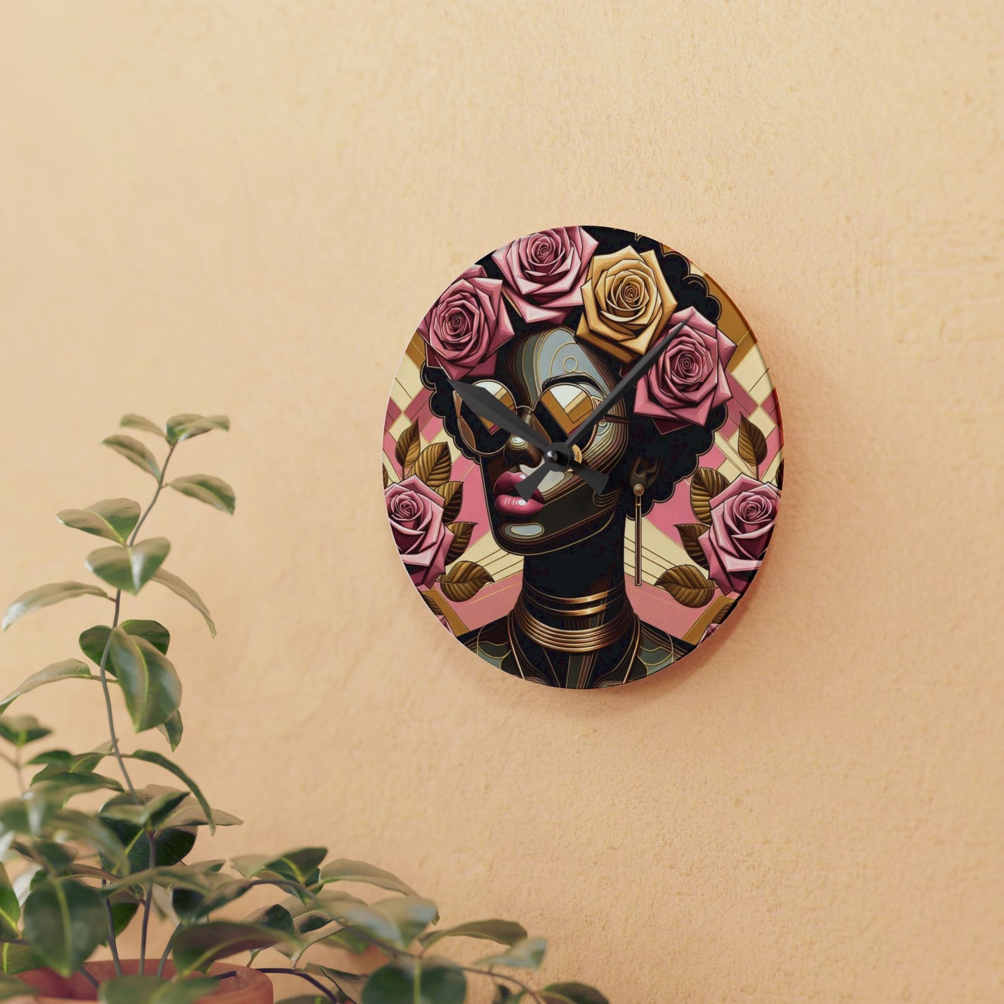 Elegant Afro Woman Acrylic Wall Clock with Floral Design, Boho Home Decor, Unique Wall Art, Gift for Her - Pink Roses Lady